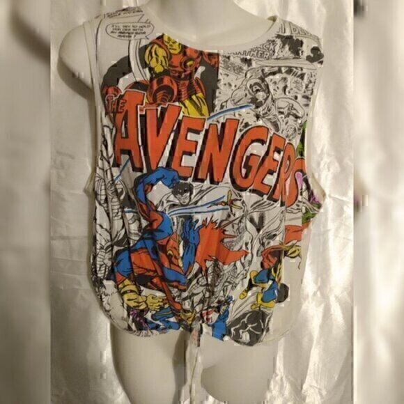 Wetseal Avengers White Cropped Graphic Print Cartoon Tie Tank Top Shirt  L - Picture 1 of 3